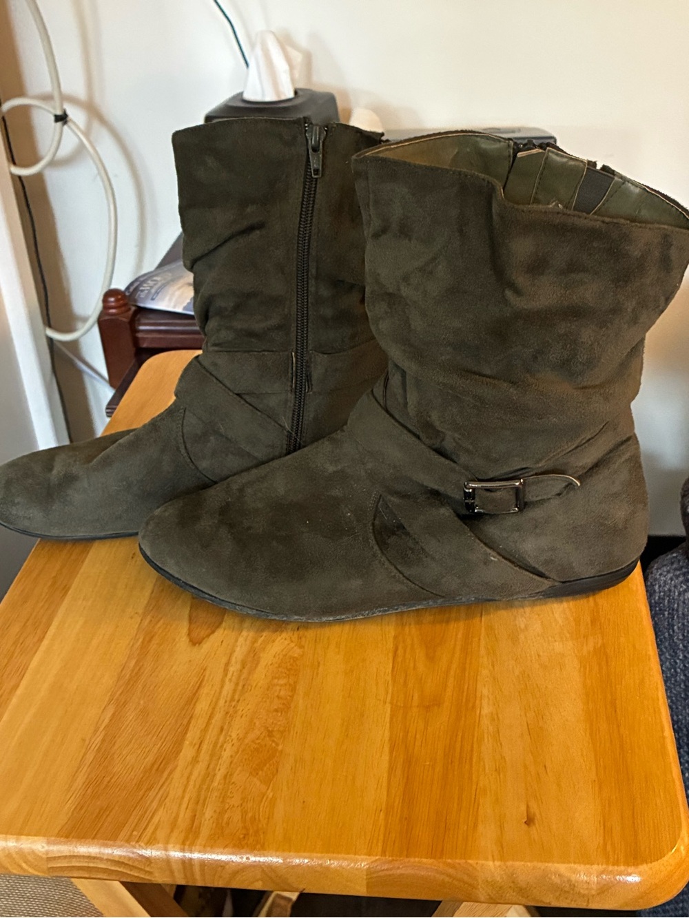 Women’s Olive Suede Mid-Calf Boots - Casual Zip & Buckle